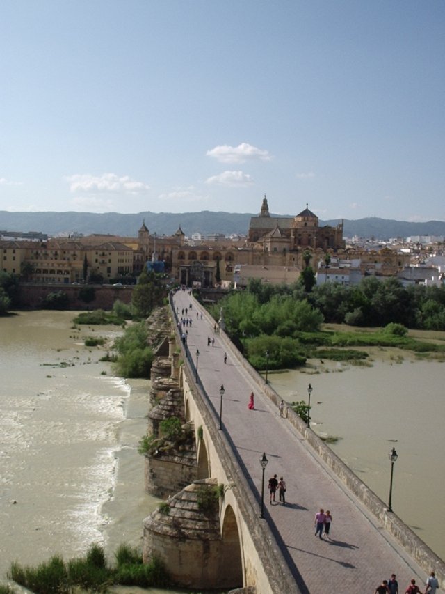 P5220134 Uitzicht vanaf Torre de la Calahorra over romeinse brug op Mezquita in centrum  - Cordoba